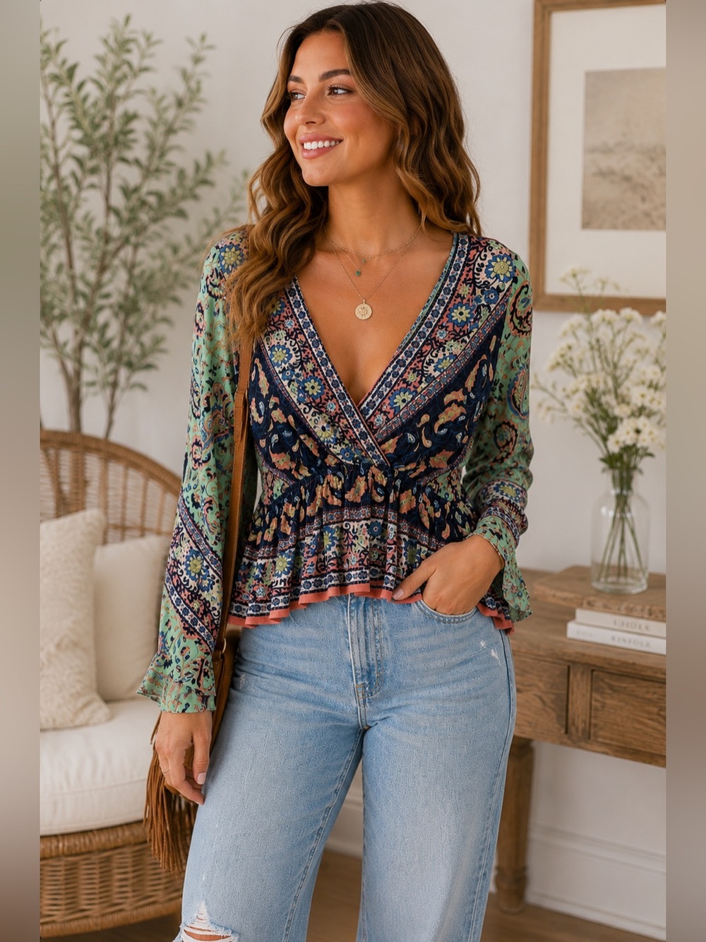 Free People Rosalie Faux Wrap Floral Boho Peplum Top XS